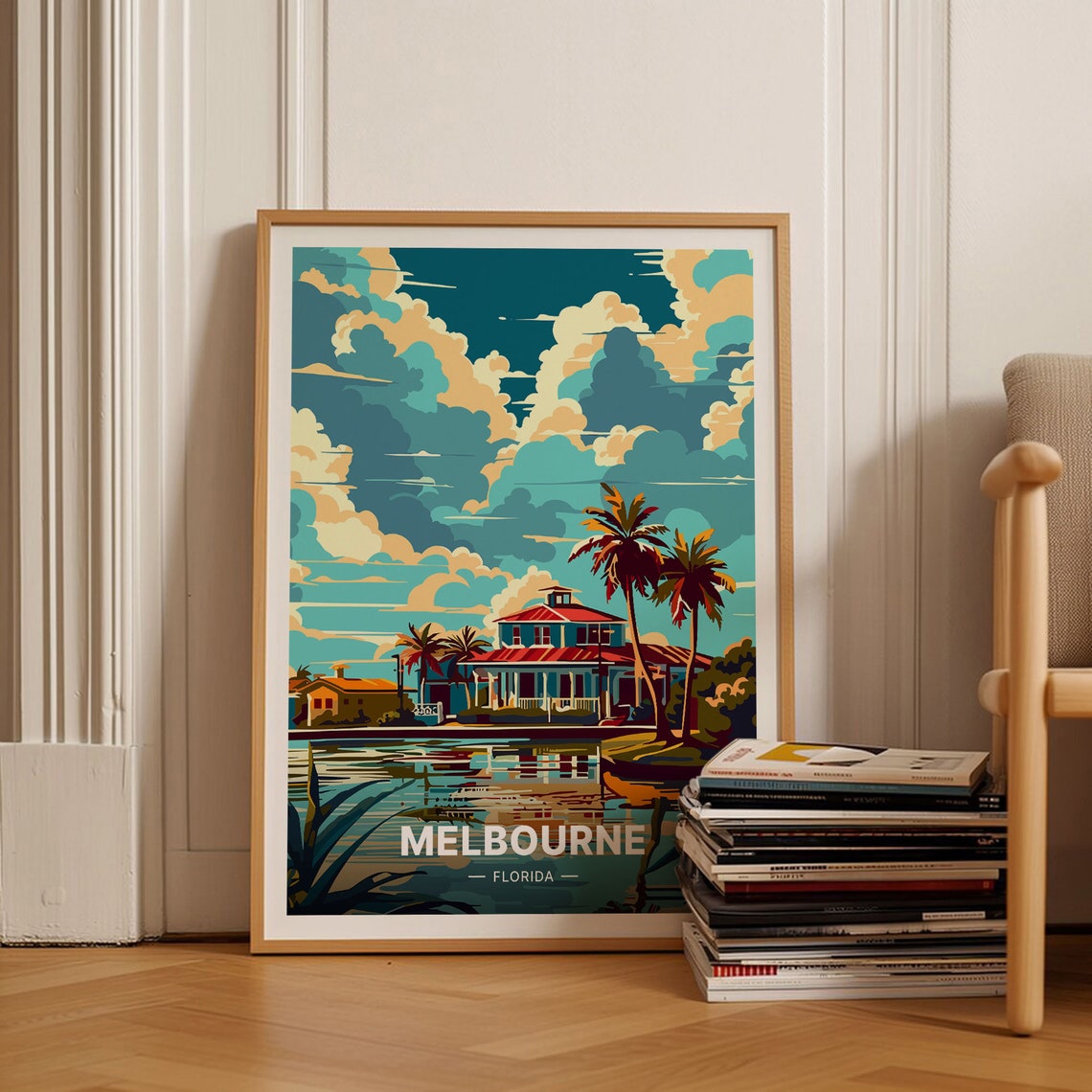 Melbourne Florida Waterfront House Palms Reflection Retro Poster