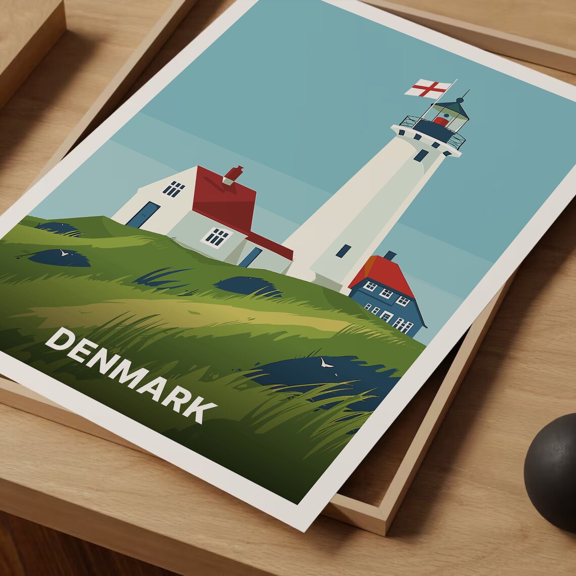 Denmark White Lighthouse Coast Cottage Grass Retro Travel Poster - Image 3