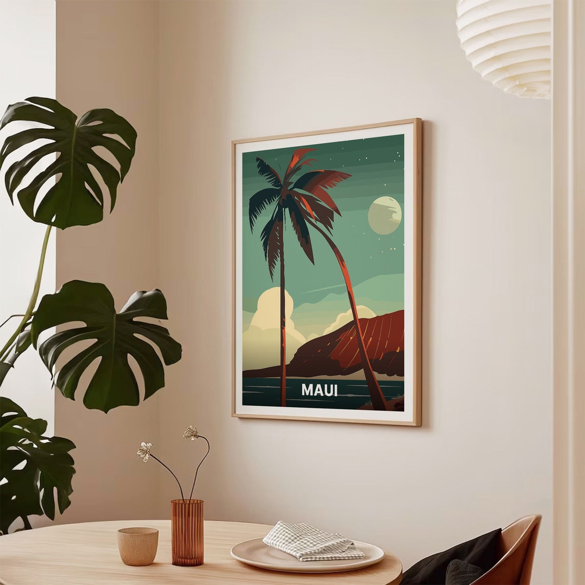 Maui Hawaii Moonlit Palm Trees Island Ocean Night Vintage Poster - Image 2