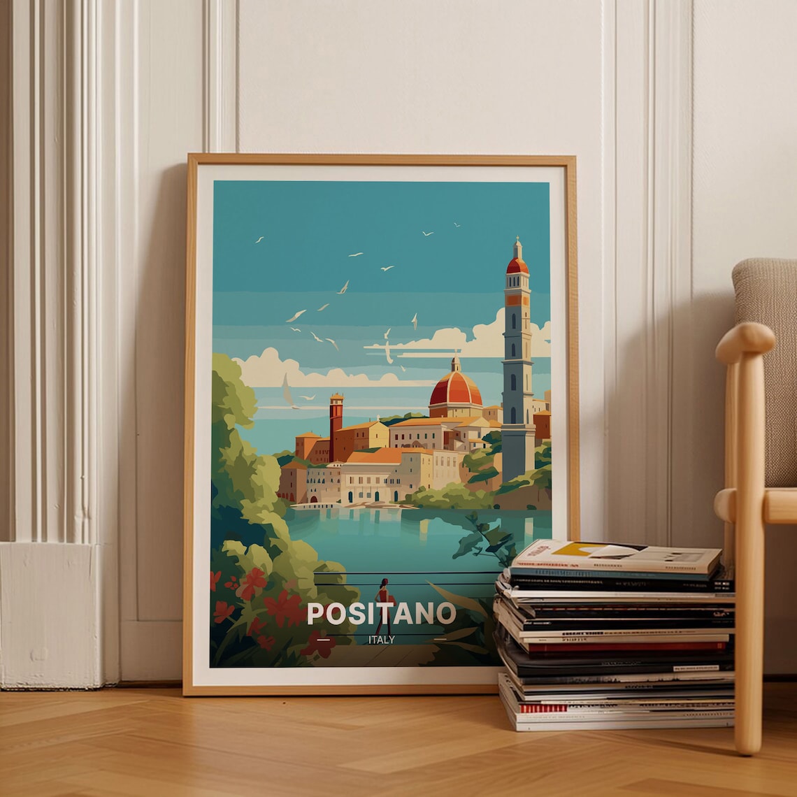 Positano Italy Amalfi Coast Domed Church Seagulls Travel Poster