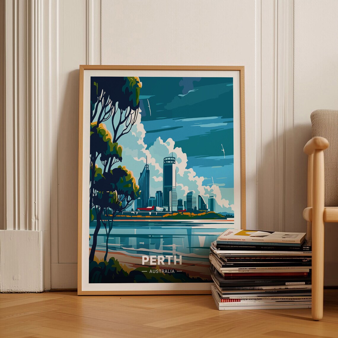 Perth Australia Poster City Skyline River Trees Urban Modern Art