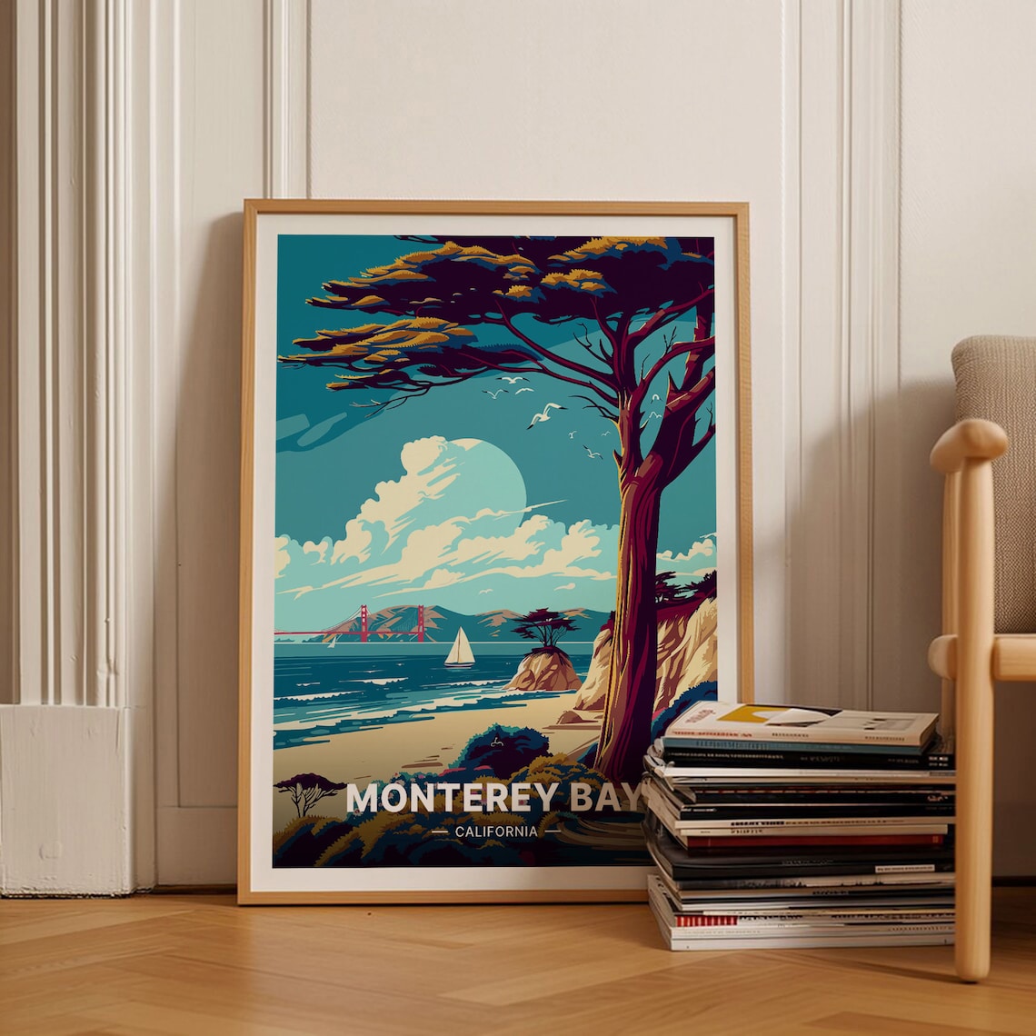 Monterey Bay California Cypress Coast Sailboat Sunset Travel Poster