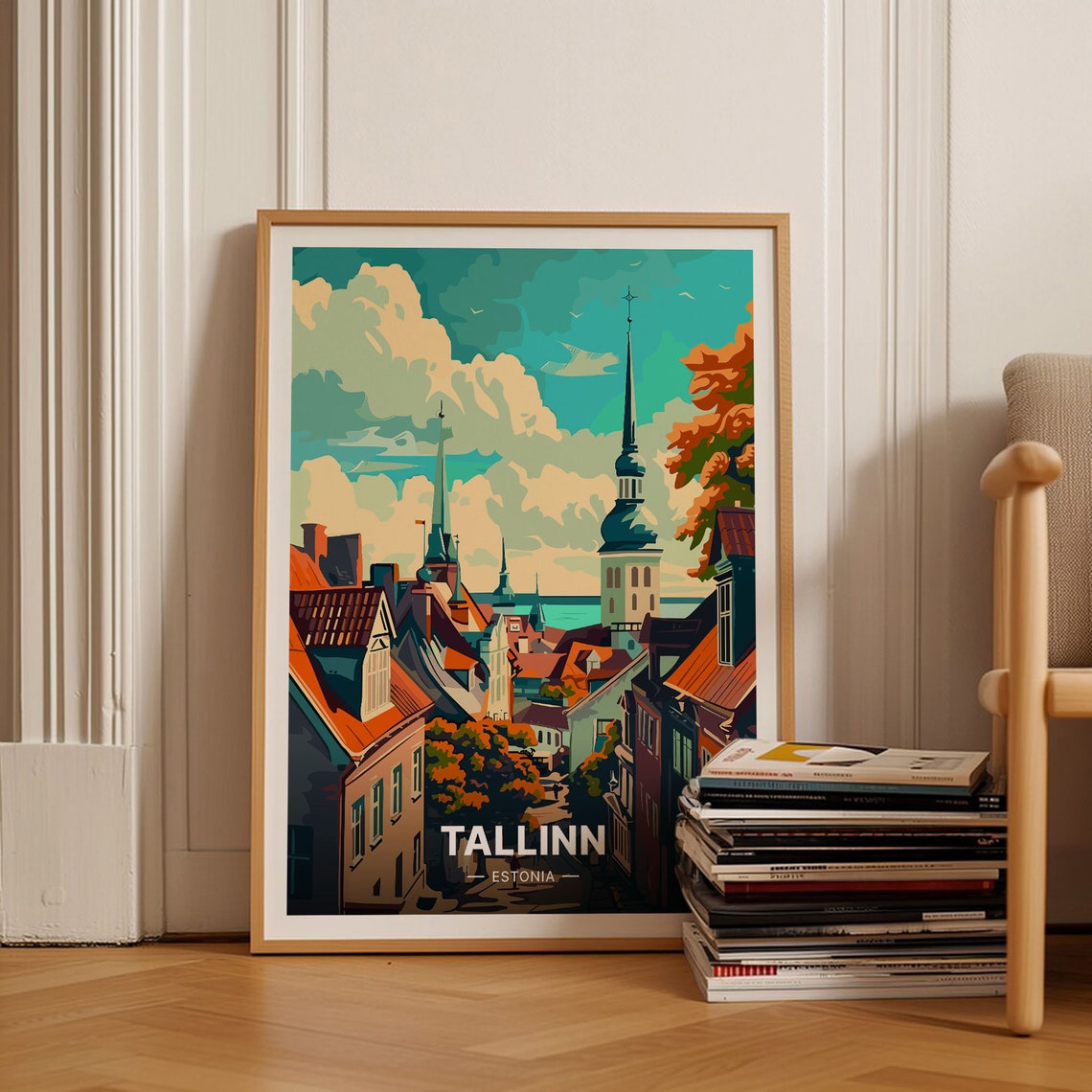 Tallinn Estonia Travel Poster Medieval Old Town Spires Red Roofs Art