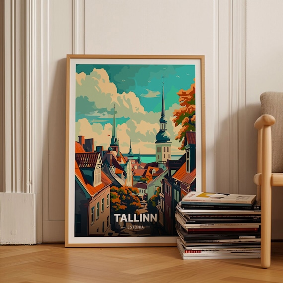 Tallinn Estonia Travel Poster Medieval Old Town Spires Red Roofs Art