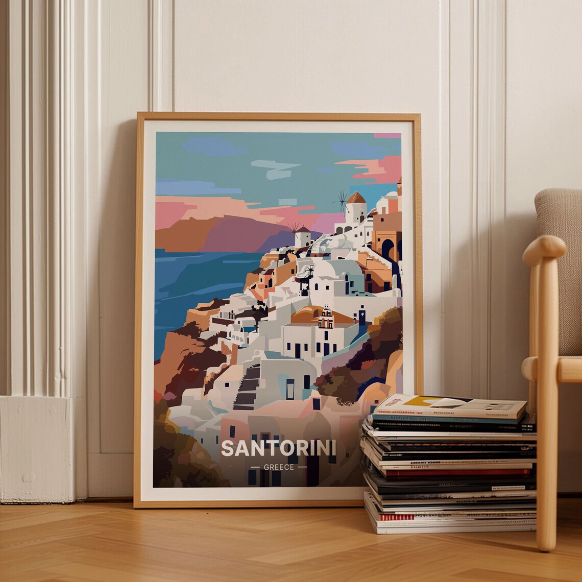 Santorini Greece Travel Poster White Village Aegean Sunset Art