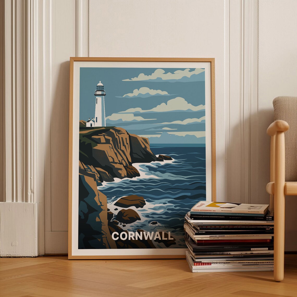 Cornwall Lighthouse Rocky Cliffs Crashing Waves Vintage Travel Poster