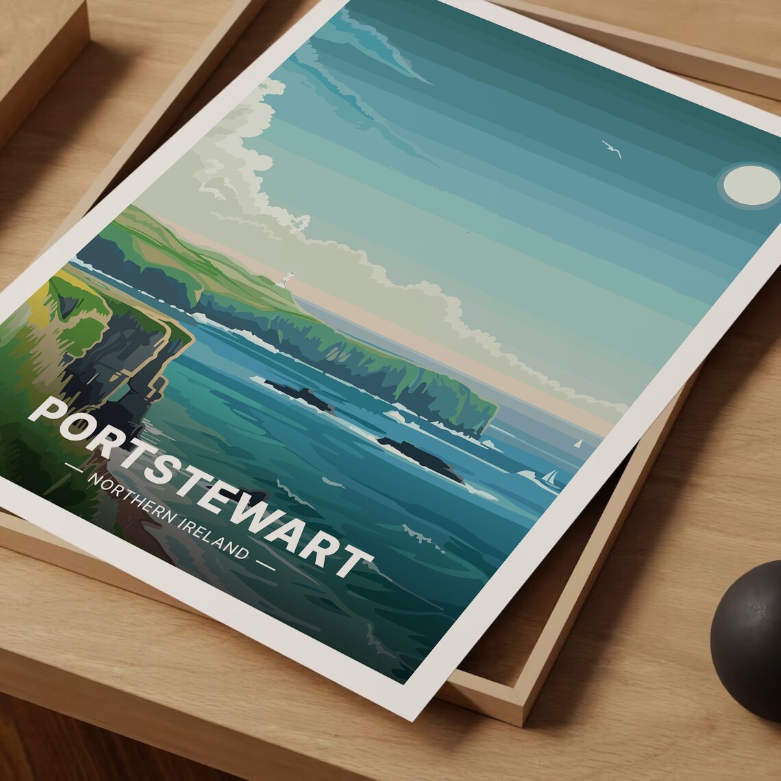 Portstewart Northern Ireland Moonlit Sea Cliffs Travel Poster - Image 3