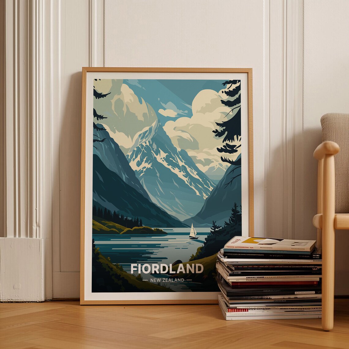 Fiordland New Zealand Snowy Peak Fiord Sailboat Alpine Travel Poster