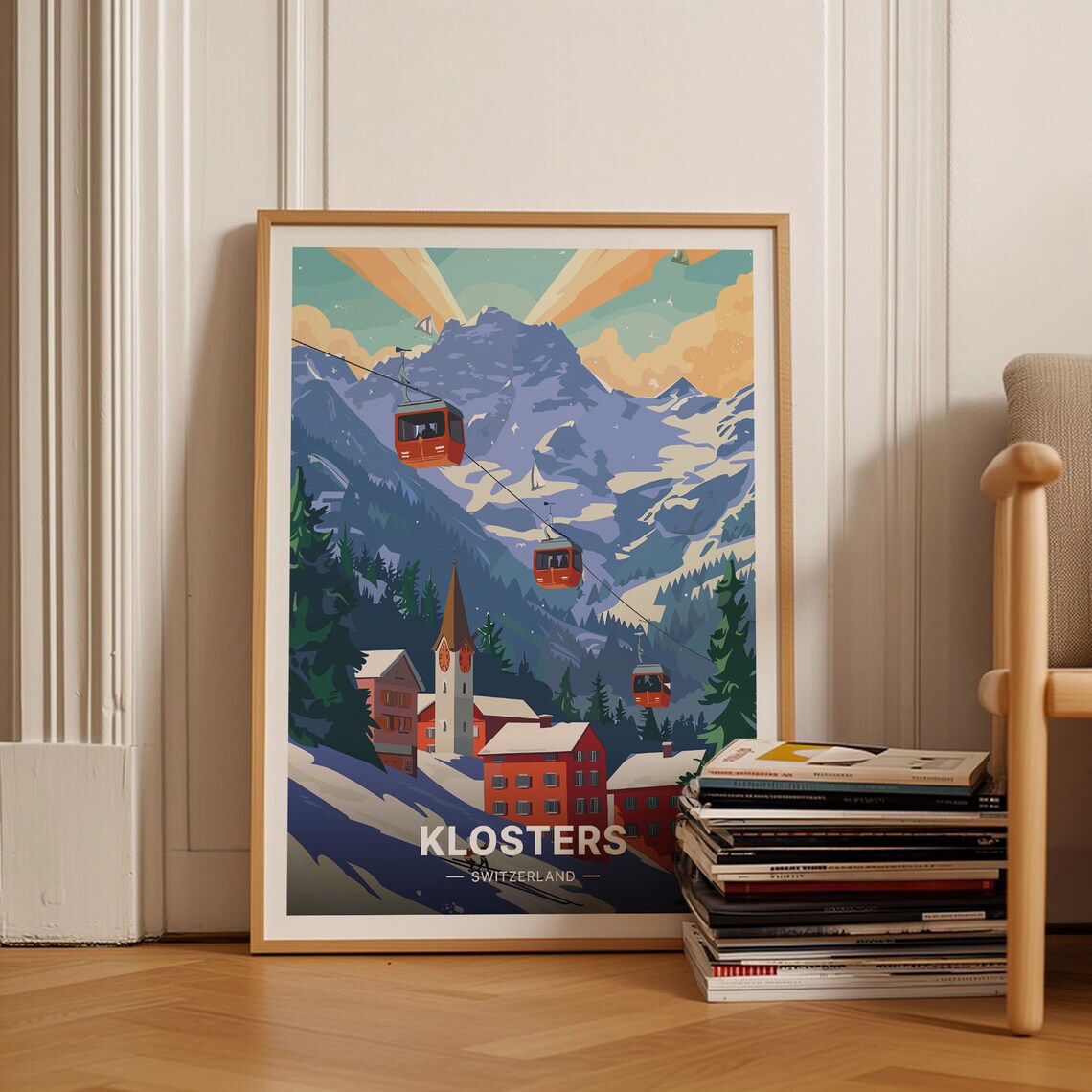 Swiss Alps Klosters Ski Resort Retro Travel Poster