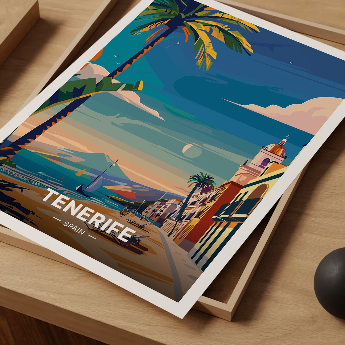 Tenerife Spain Poster Beach Palm Trees Mount Teide Sunset Art - Image 3