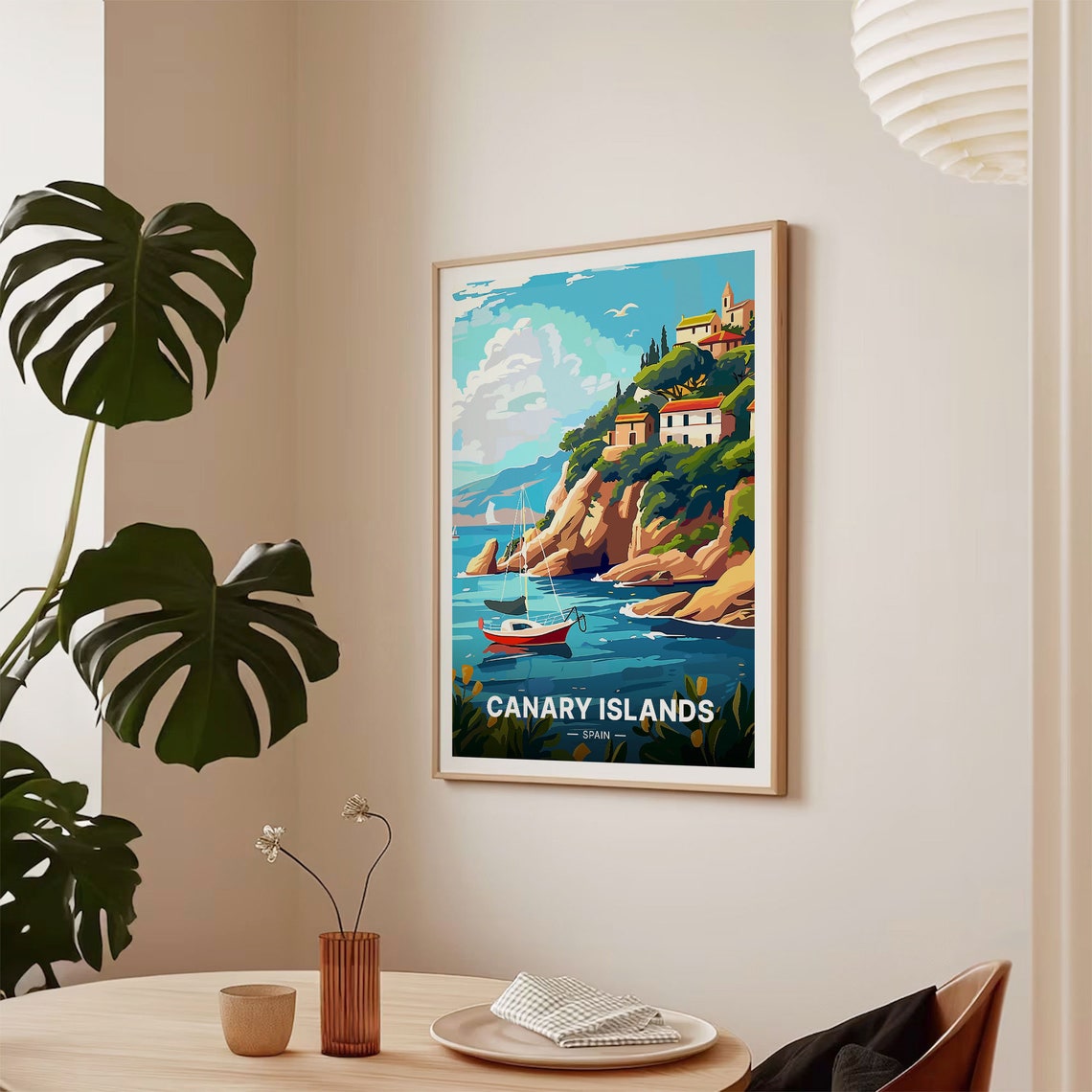 Canary Islands Spain Rocky Cliffs Sailboat Harbor Travel Poster - Image 2