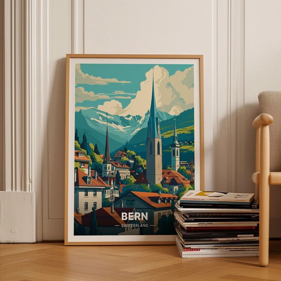 Bern Switzerland Old Town Church Spires Alpine Peaks Travel Poster