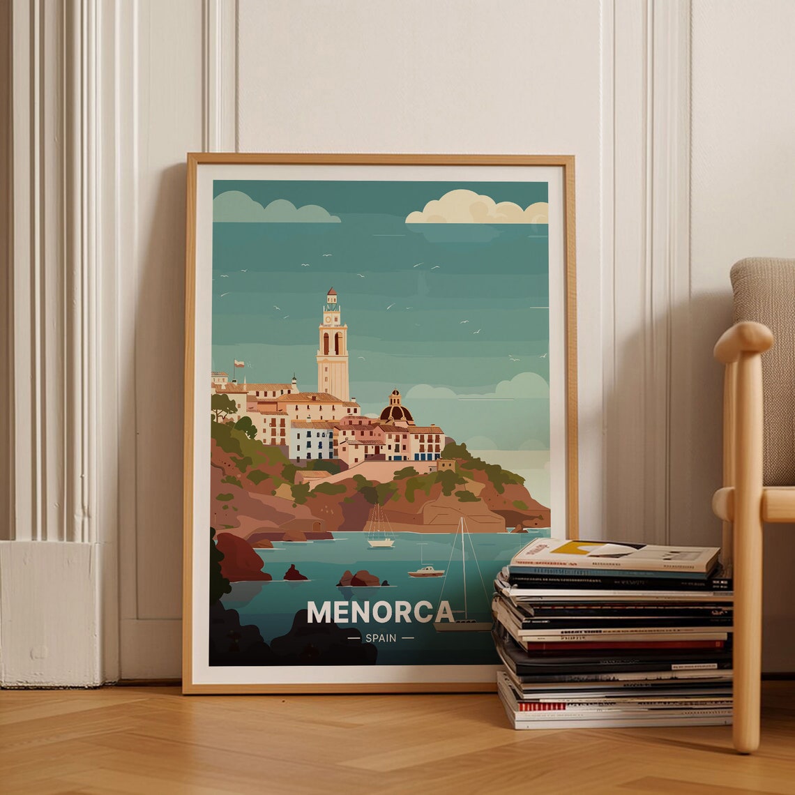 Menorca Spain Coastal Town Vintage Travel Poster Balearic Harbor Scene