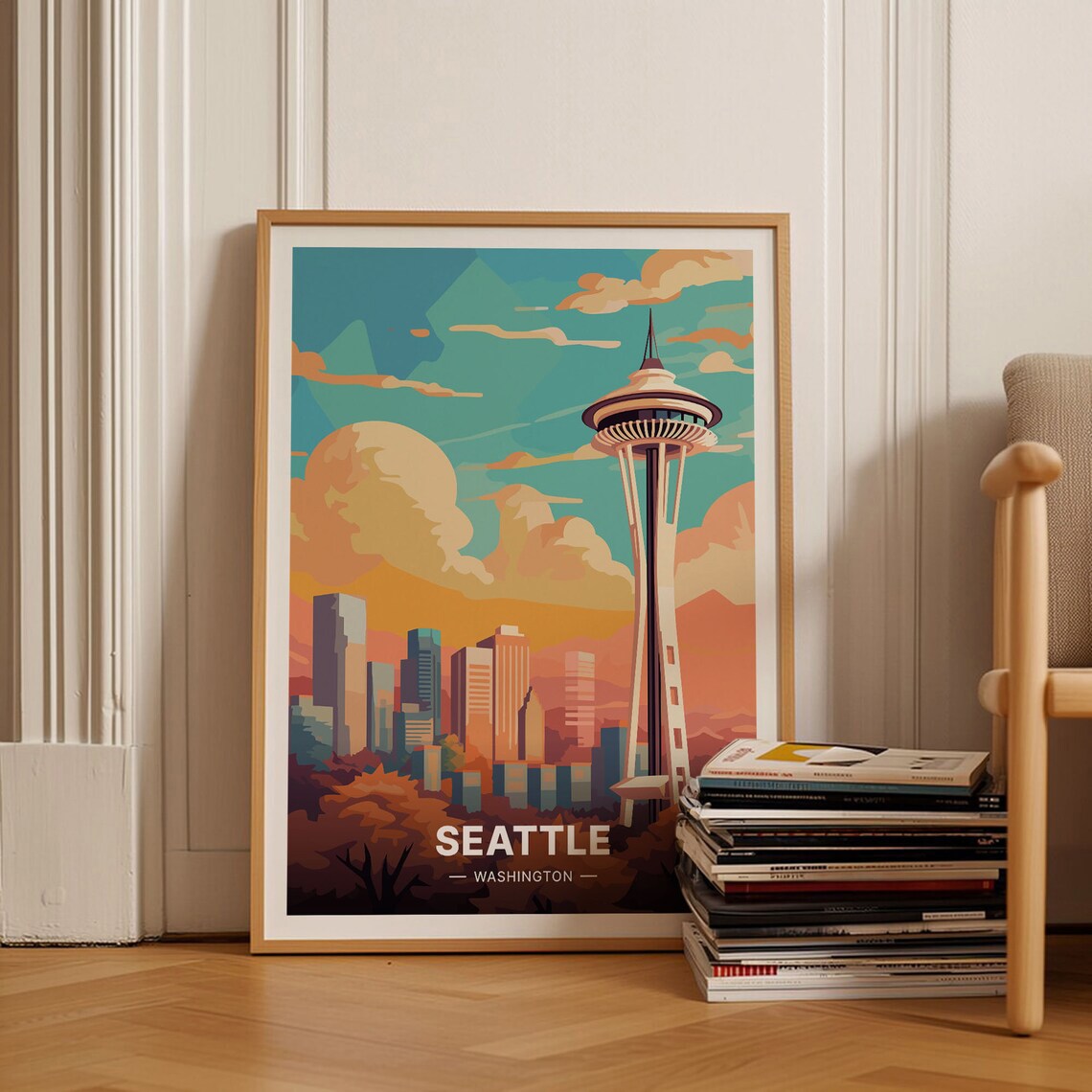 Seattle Skyline Travel Poster, Retro Washington Cityscape