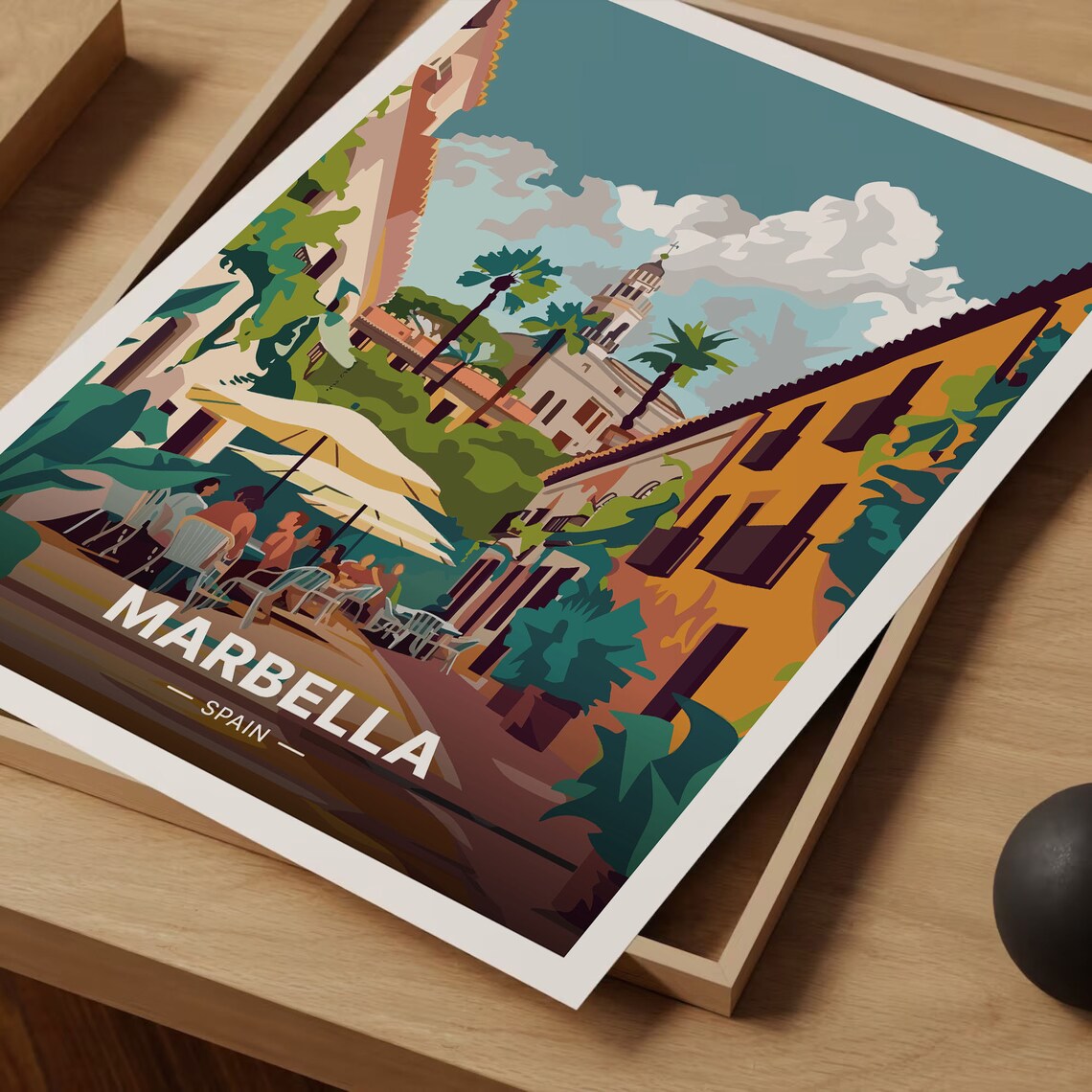 Marbella Spain Old Town Cafe Street Church Palms Vintage Travel Poster - Image 3