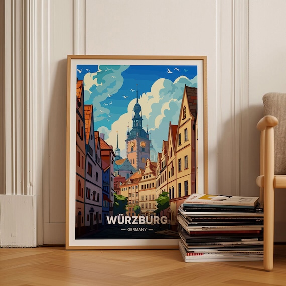 Wurzburg Germany Old Town Clock Tower Street Vintage Travel Poster