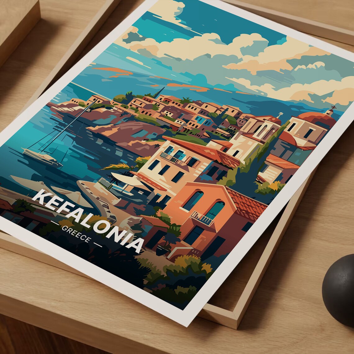 Kefalonia Greece Travel Poster Harbor Village Church Sailboat Art - Image 3