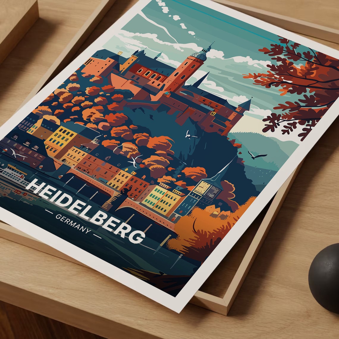 Heidelberg Germany Travel Poster Castle Hill Old Town Bridge Art - Image 3