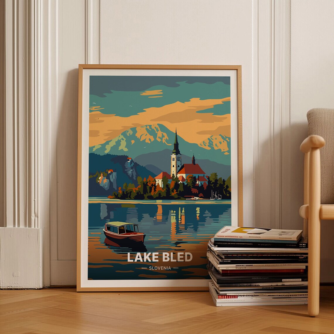 Lake Bled Slovenia Island Church Wooden Boat Vintage Travel Poster