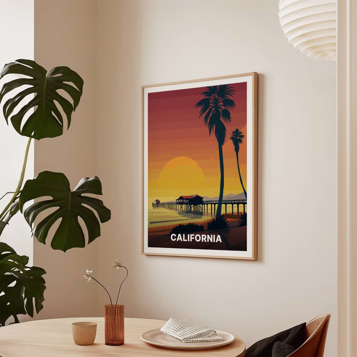 California Beach Pier Palm Trees Sunset Vintage Travel Poster - Image 2