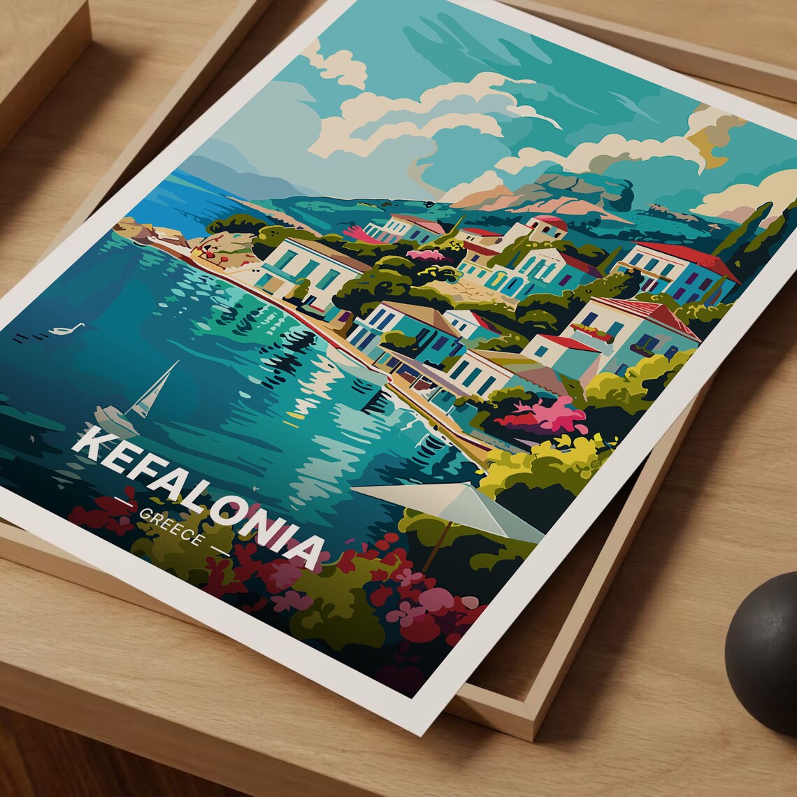 Kefalonia Greece Island Village Turquoise Bay Sailboat Travel Poster - Image 3