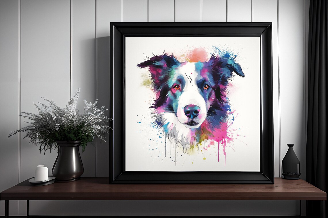 Border Collie Watercolor Splatter Portrait Colorful Dog Poster