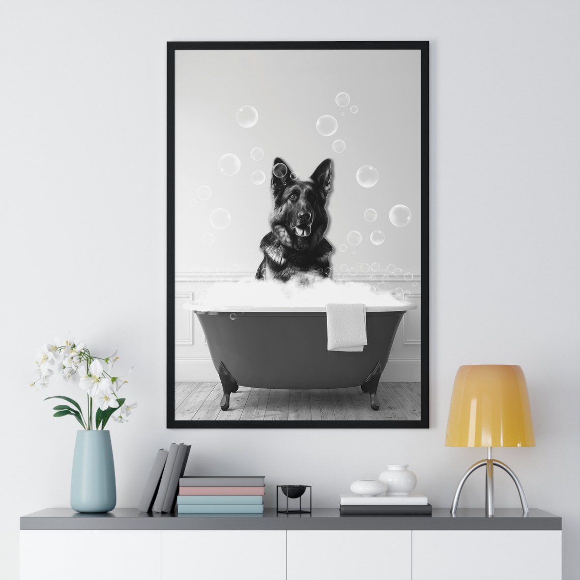 German Shepherd In Bubble Bath Black And White Bathroom Poster - Image 2