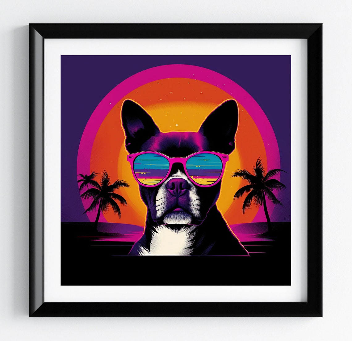 Boston Terrier Neon Orange Sun Palm Retro Dog Portrait Poster