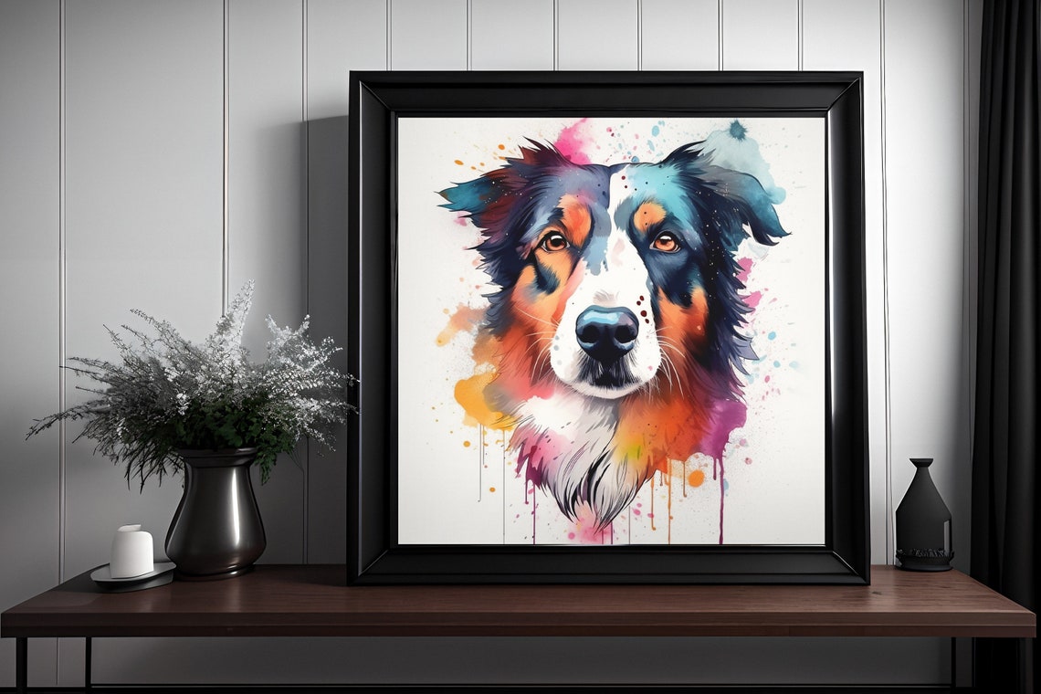 Vibrant Australian Shepherd Watercolor Splatter Dog Portrait Poster