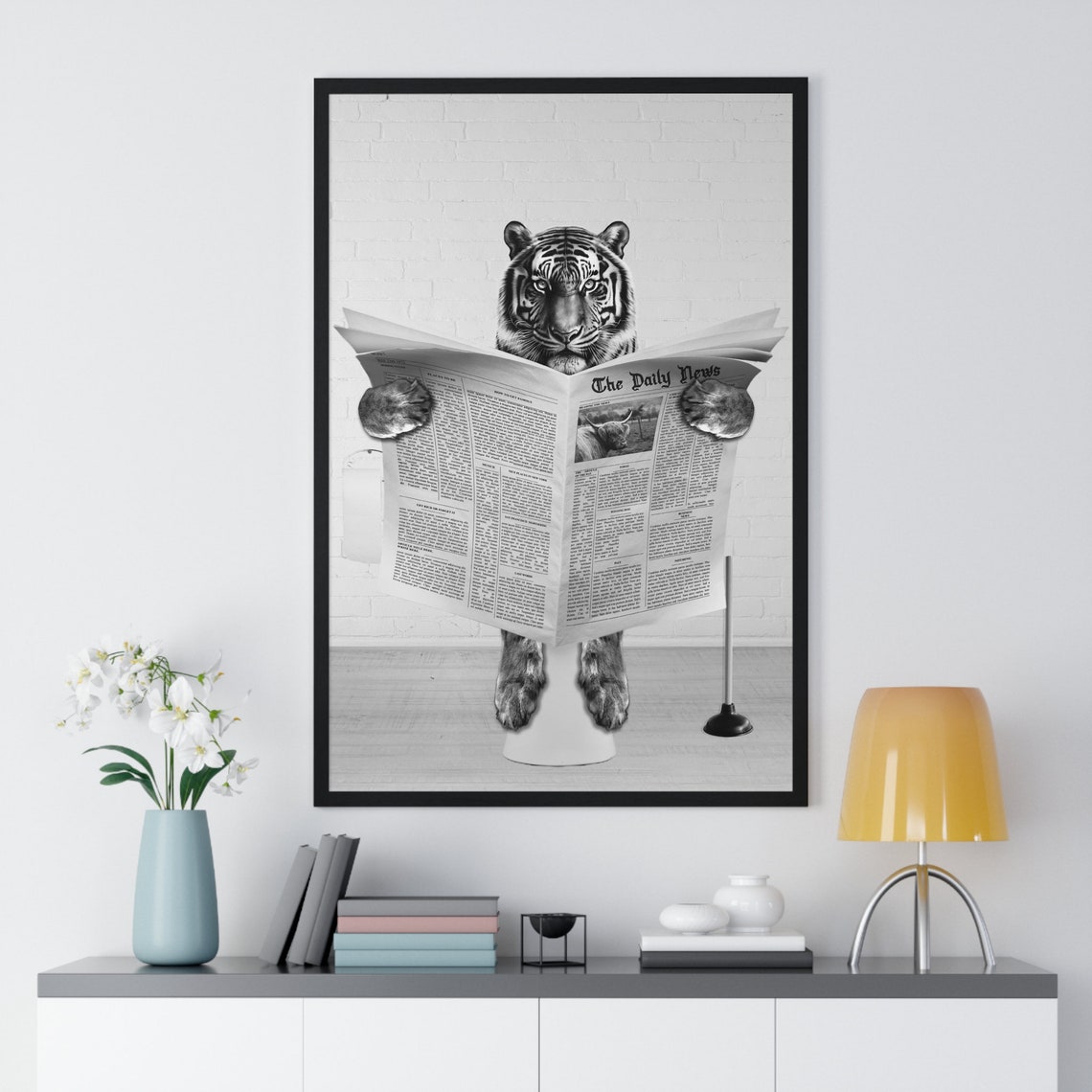 Tiger Reading The Daily News on Toilet Whimsy Bathroom Poster - Image 2