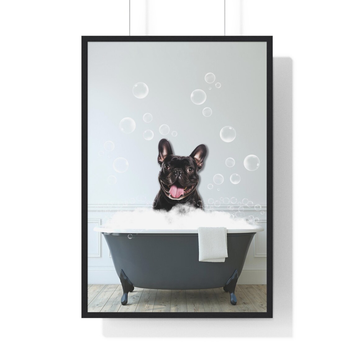 Smiling French Bulldog in Bubble Bath Funny Dog Bathroom Art Poster