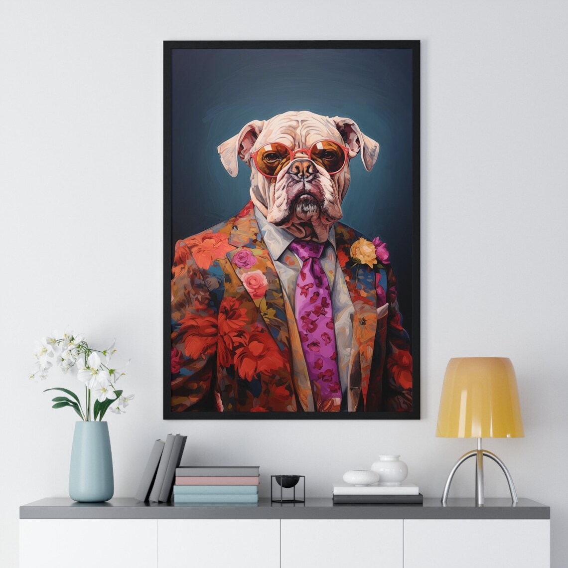 White English Bulldog in a Floral Suit Fashion Portrait Poster - Image 2