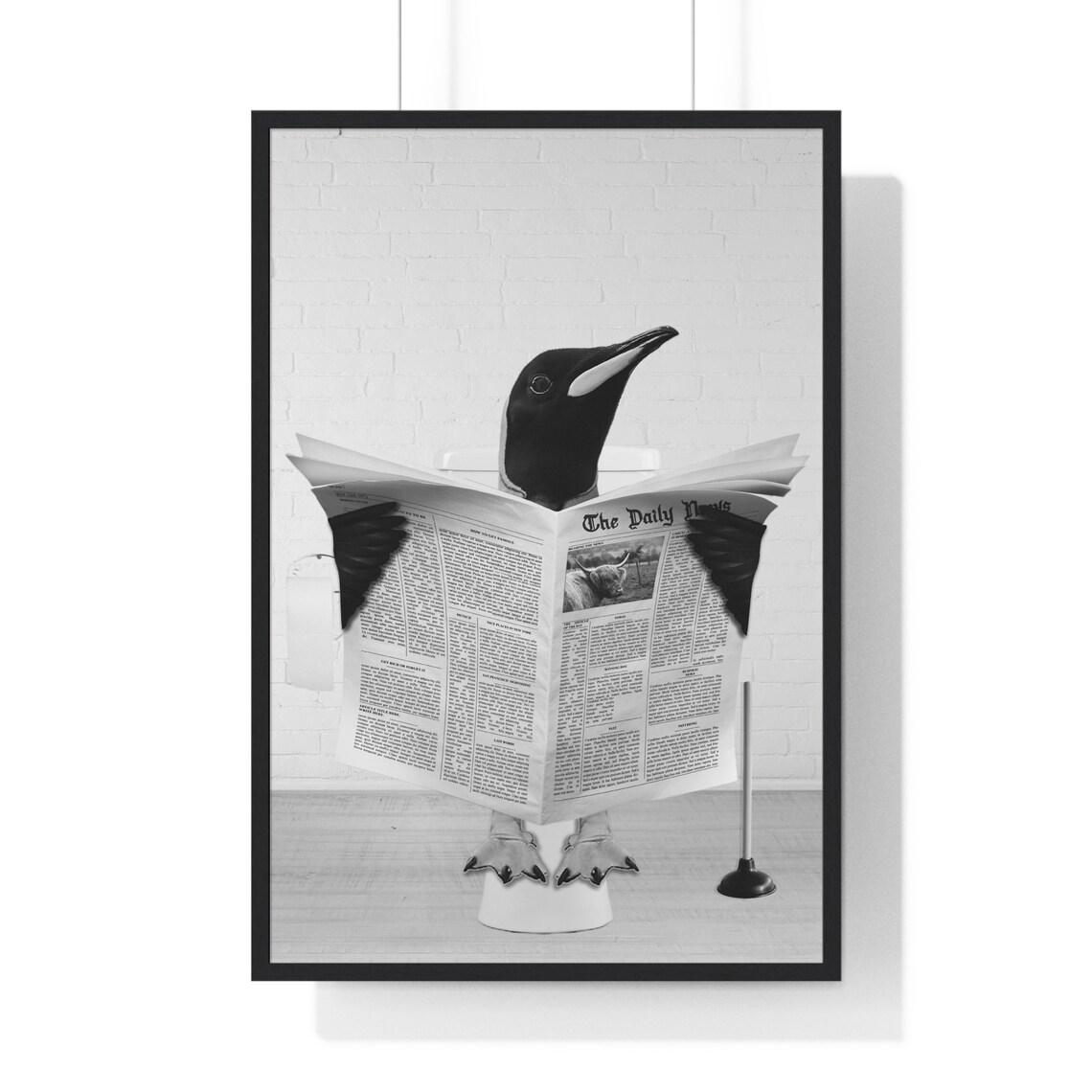 Penguin Reading Newspaper on Toilet Humorous Bathroom Poster