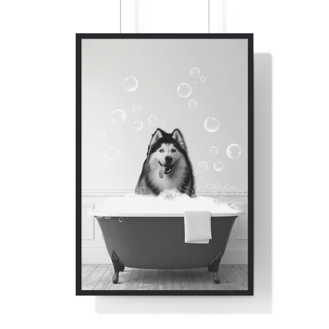Malamute Dog Soaking In Bubble Bath Black And White Bathroom Poster