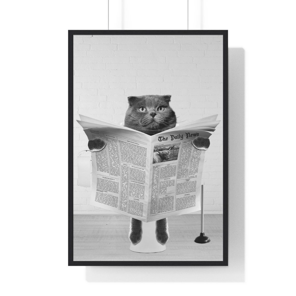 Scottish Fold Cat Reading Newspaper on Toilet Humorous Bathroom Poster
