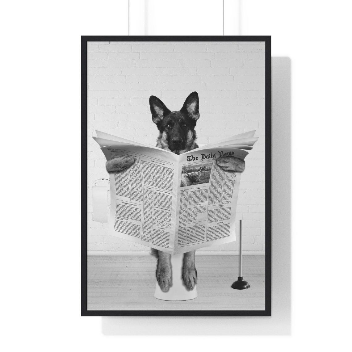 German Shepherd Reading Newspaper While Sitting On Toilet Poster