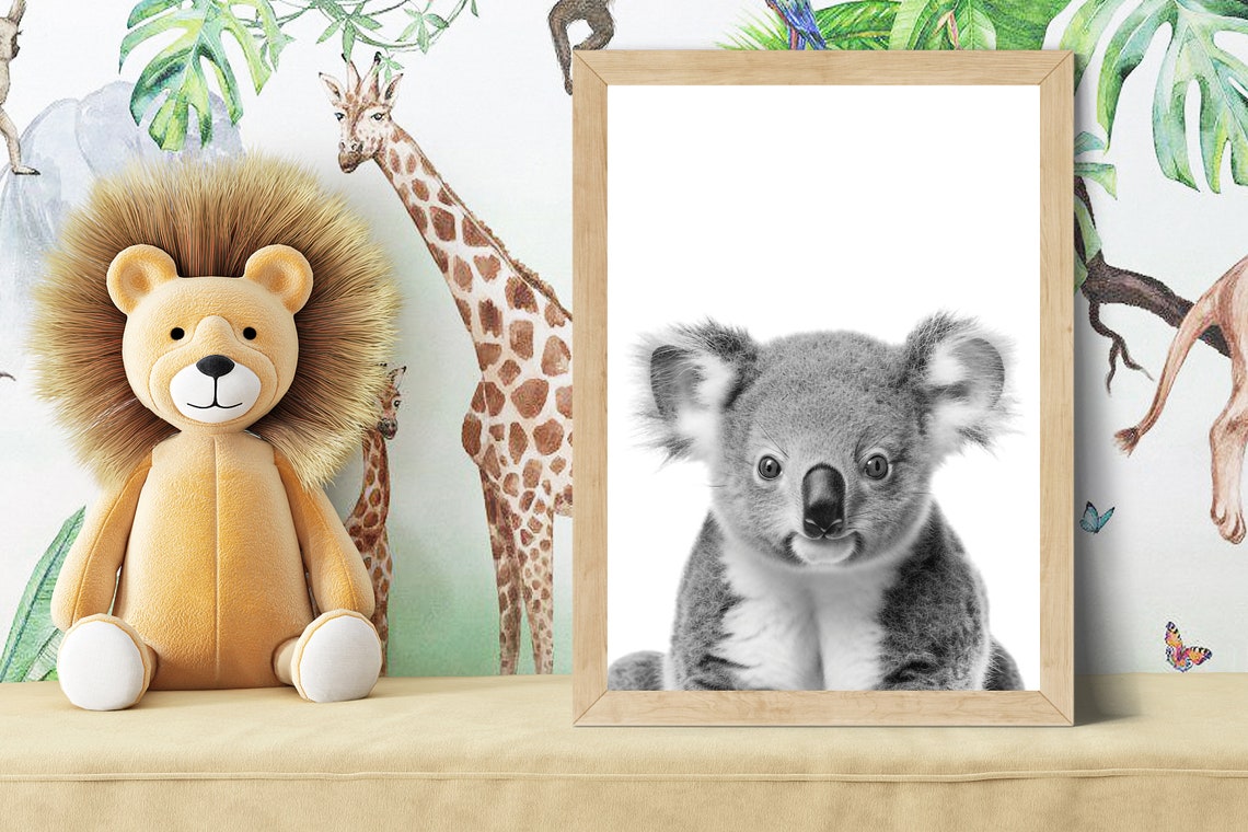 Adorable Baby Koala Portrait in Black and White Nursery Style Poster