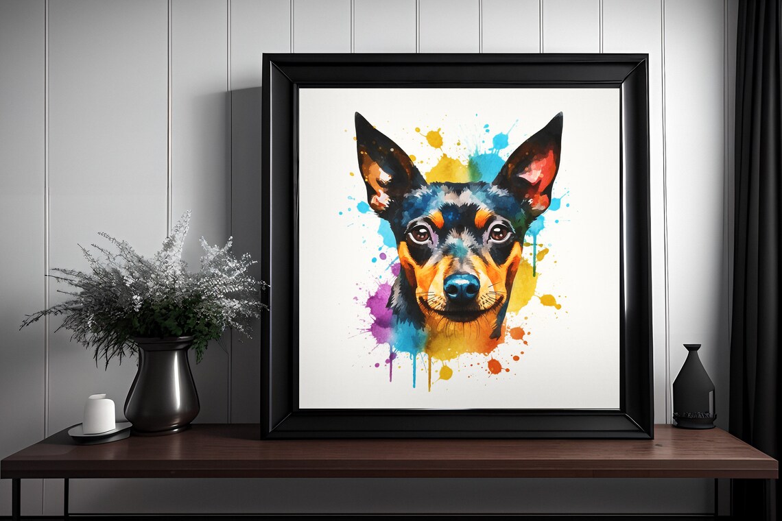 Miniature Pinscher Watercolor Splatter Portrait Bold Dog Poster
