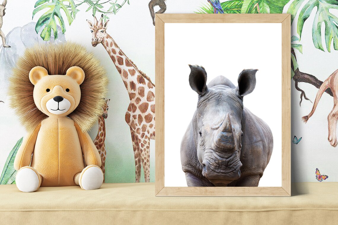 Cute Baby Rhino Head Portrait in Soft Color Nursery Style Poster