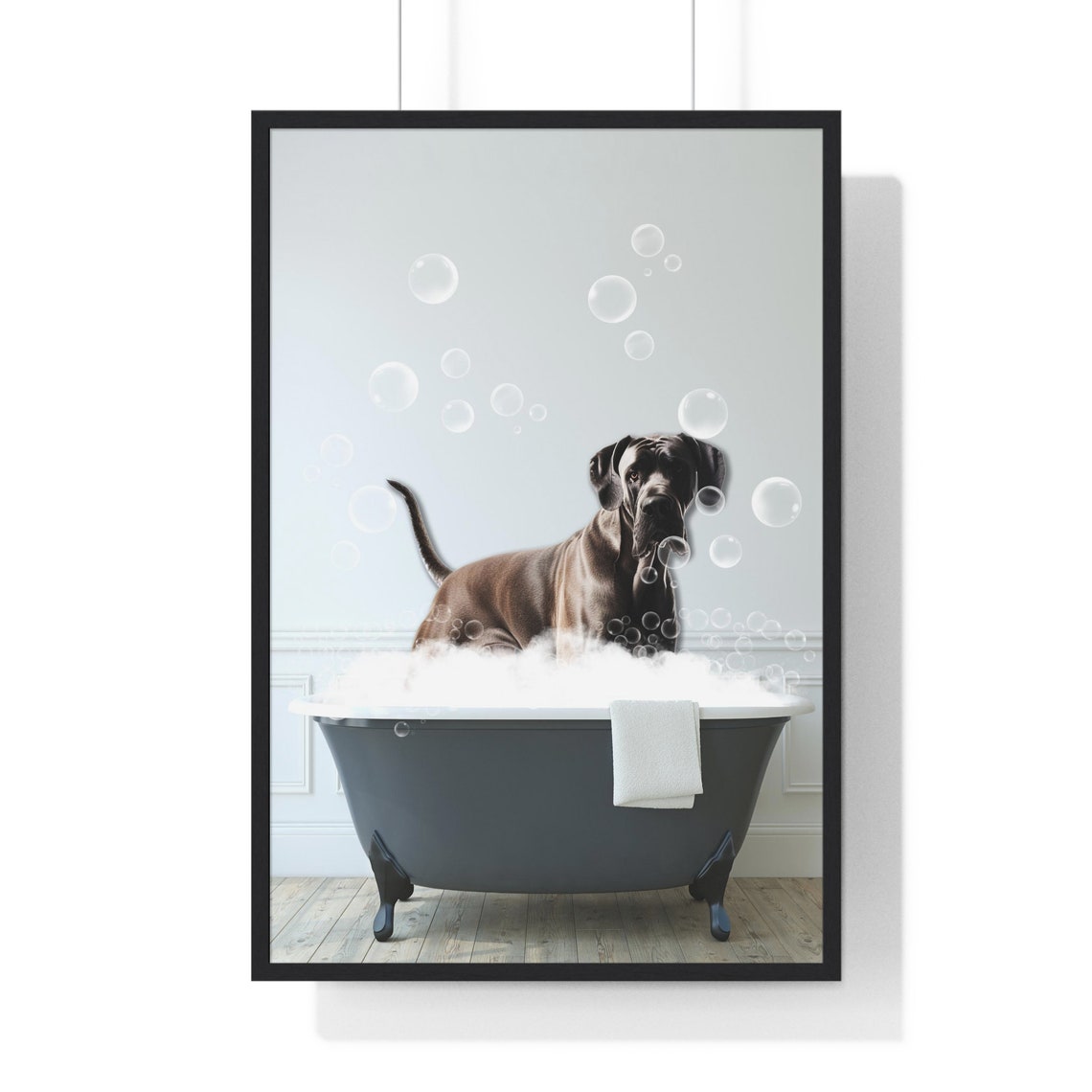 Gentle Great Dane in Bubble Bath Funny Dog Bathroom Art Poster