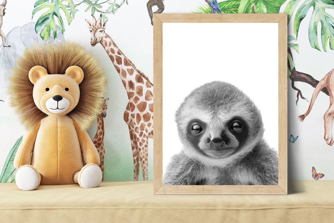 Baby Sloth Portrait with Big Eyes Black and White Nursery Poster