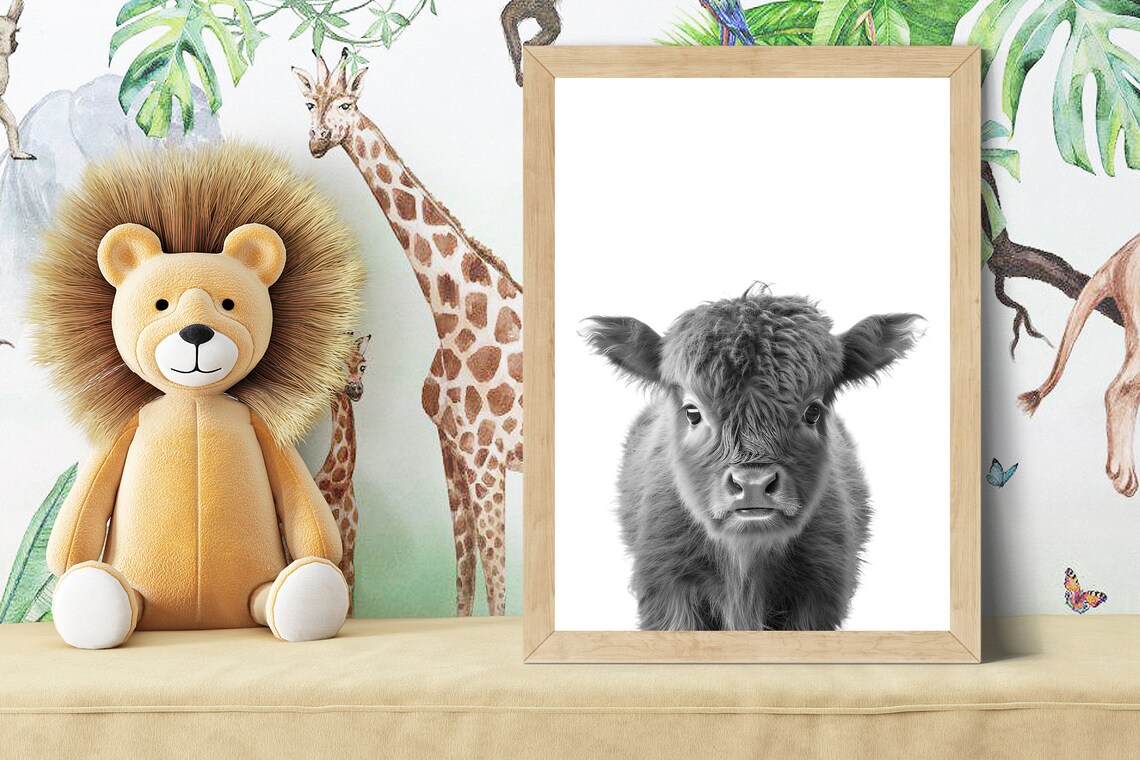 Safari Nursery Art Highland Cow Print Art Safari Animals Wall Art Baby Highland Cow Safari Nursery Decor Black And White