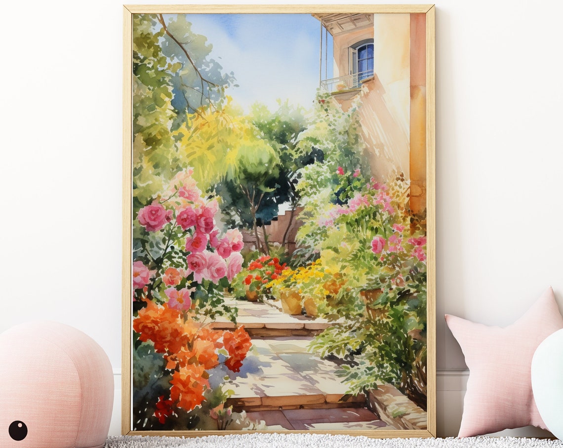 Mediterranean Watercolor Rose Garden Path Sunny Villa Landscape Poster
