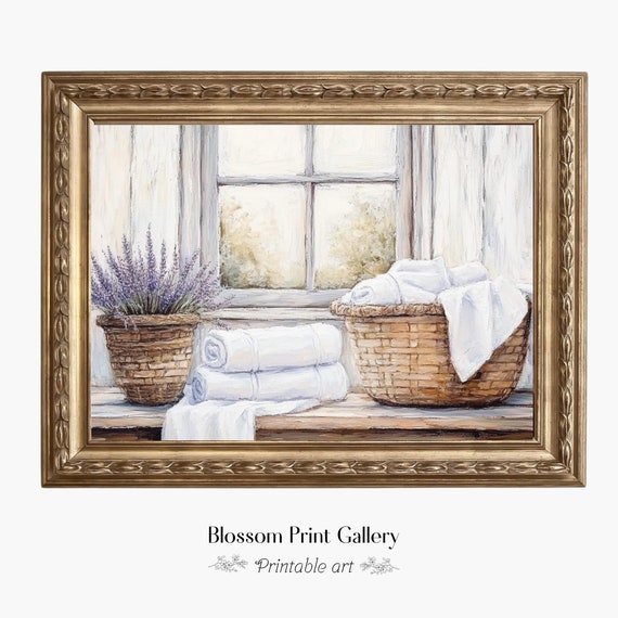Laundry Room Oil Painting Rustic Home Decor Vintage Laundry Basket Wall Art Aesthetic Farmhouse Decor Cottagecore Art 762