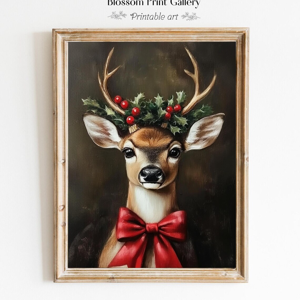 Festive Deer Portrait With Holly Crown And Red Bow Christmas Poster