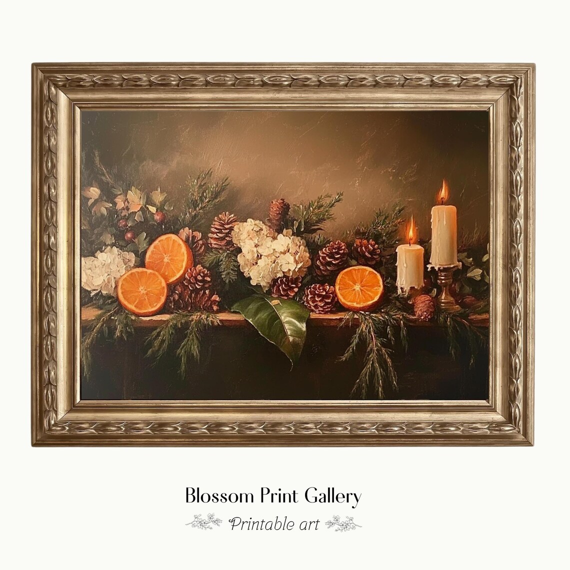 Holiday Oranges Pinecones Candles Festive Still Life Painting Poster