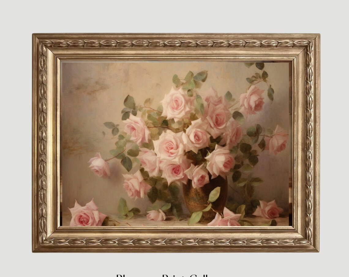 Vintage Pink Roses Still Life Oil Painting Vase Floral Poster