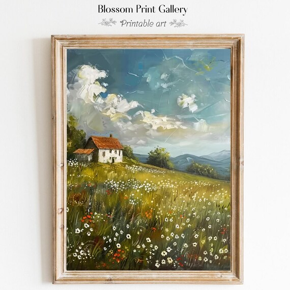 Wildflower Meadow With White Farmhouse Impasto Clouds Rustic Art Poster