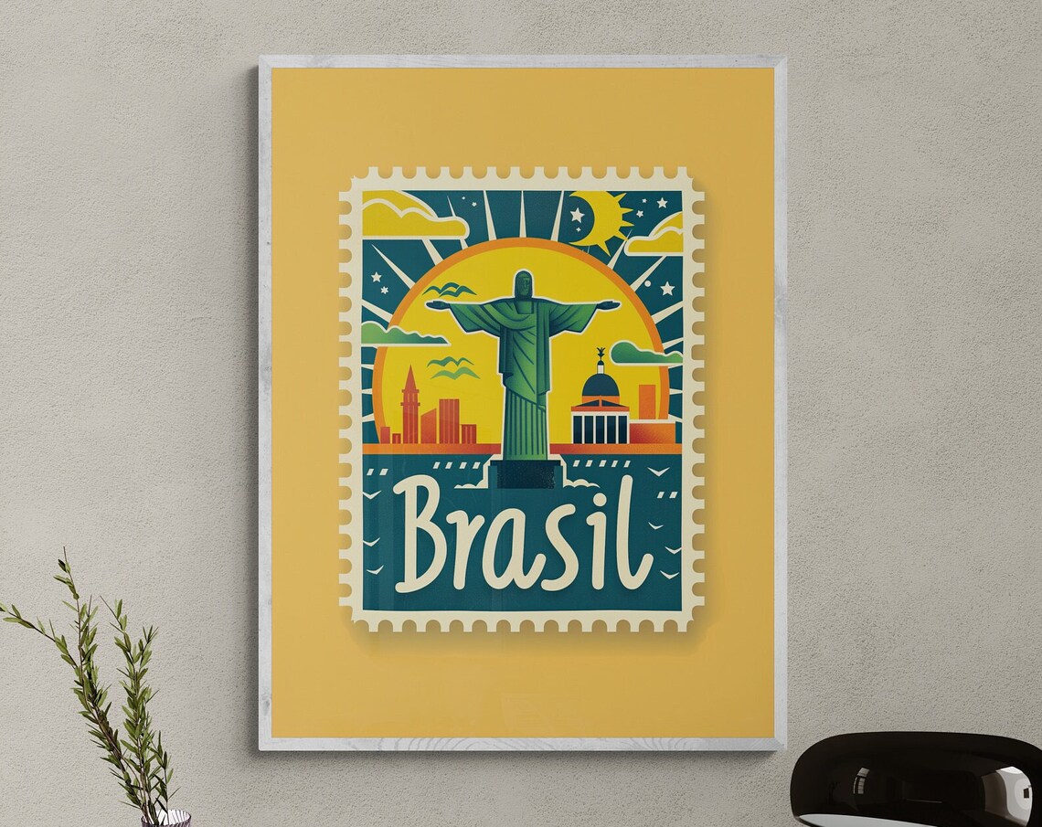 Brasil Christ the Redeemer Rio Retro Stamp Style Travel Poster