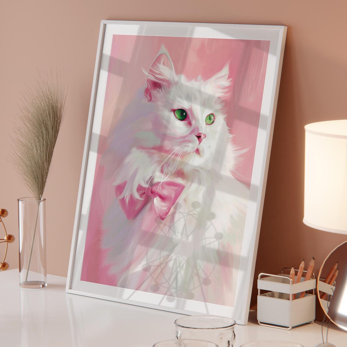 Elegant White Cat With Pink Bow Romantic Portrait Bedroom Wall Decor Poster - Image 5